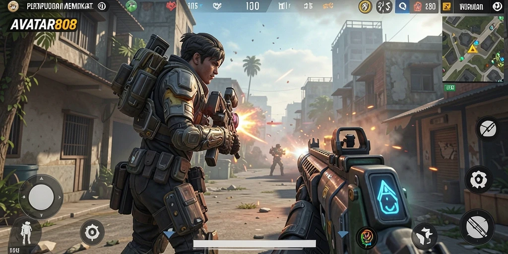 Gameplay inti AVATAR808 dengan aksi tembak-menembak yang seru.