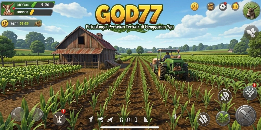 Tampilan utama gameplay GOD77 dengan ladang yang luas dan hewan ternak.