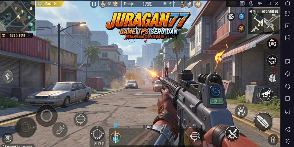 Tampilan gameplay seru di JURAGAN77 dengan aksi tembak-menembak.