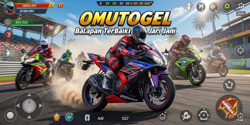 Screenshot utama OMUTOGEL menampilkan aksi balapan motor yang mendebarkan.