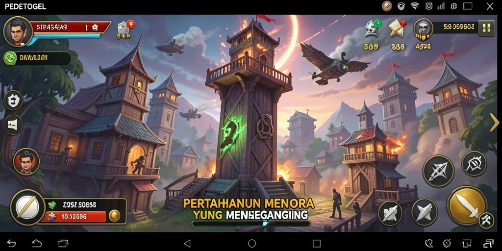 Tampilan gameplay PEDETOGEL dengan menara dan musuh yang menantang.